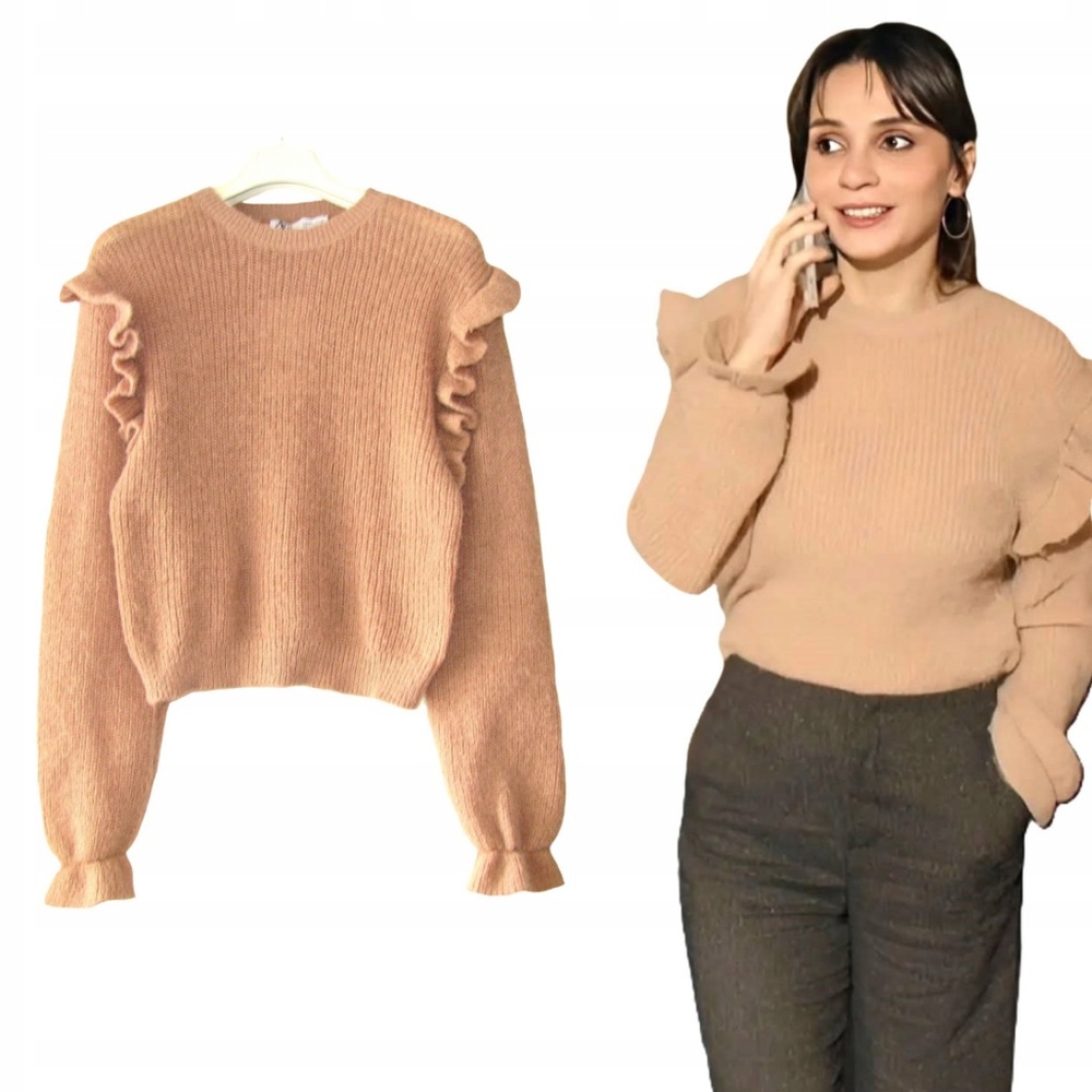 ZARA Camel Tan Ruffle Shoulder Crewneck Cropped Sweater Size Medium